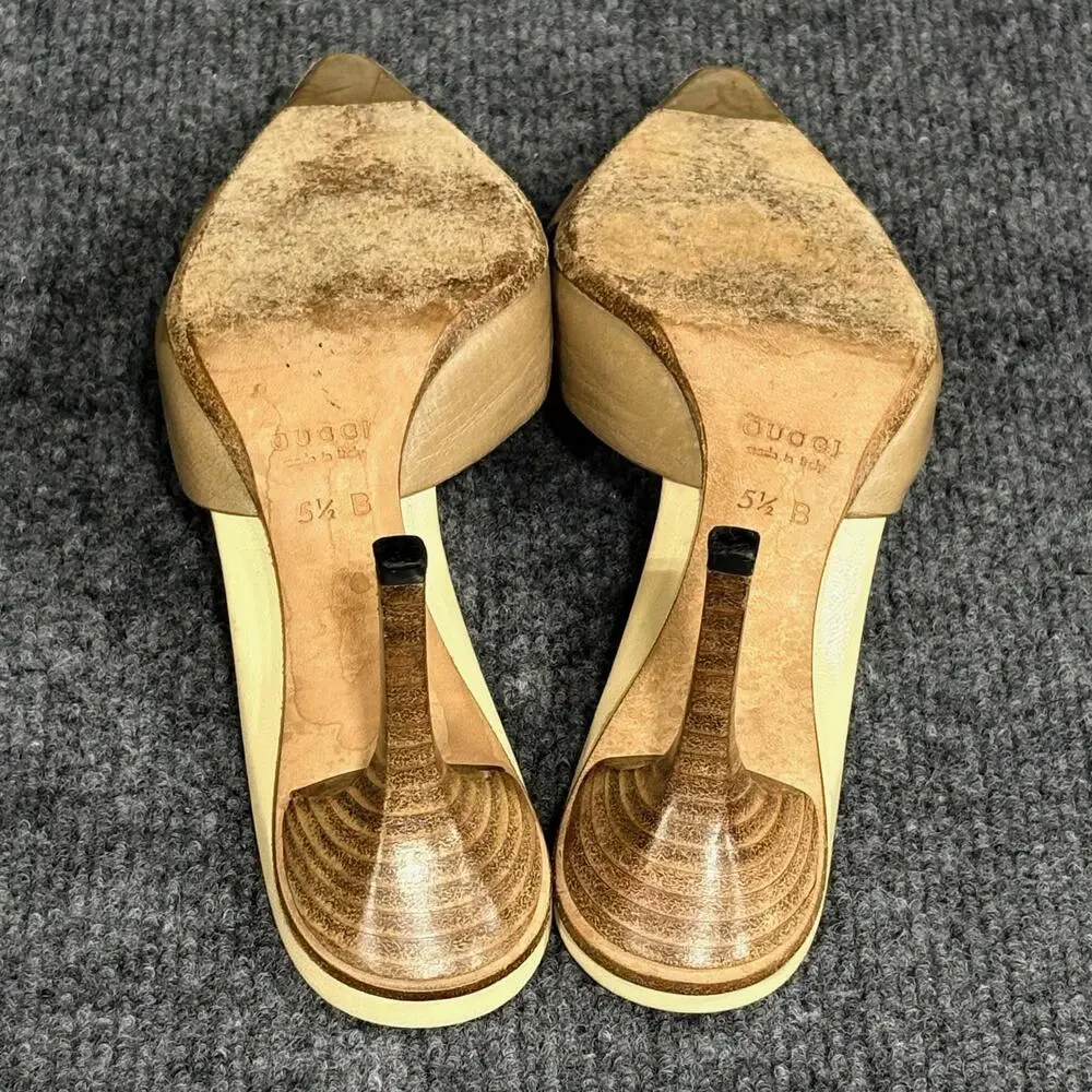 Gucci Shoes Womens 5.5 Beige Leather Pointed Toe Leather Mule Heels Buckle Italy